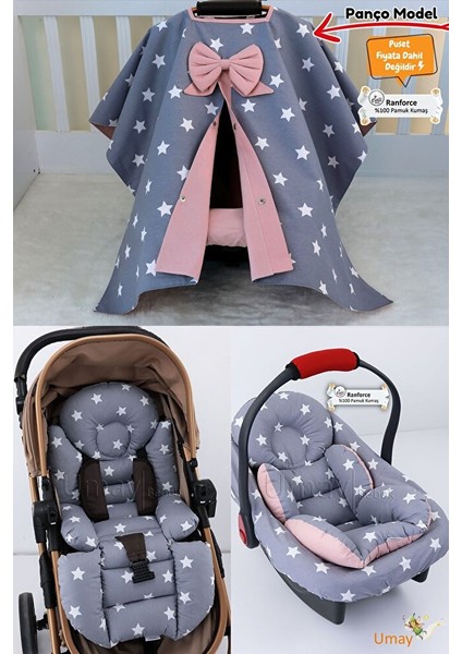 4 Parça - Puset Örtüsü, Bel Destekli Bebek Arabası Minderi, Puset Minderi, Puset Çarşafı - Panço