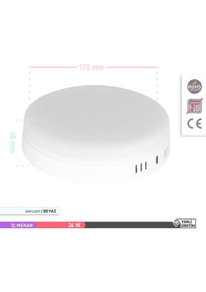 24W Çerçevesiz Sıva Üstü Yuvarlak LED Panel Armatür 6500K Beyaz Işık