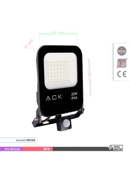 30W Sensörlü LED Projektör 6500K Beyaz Işık