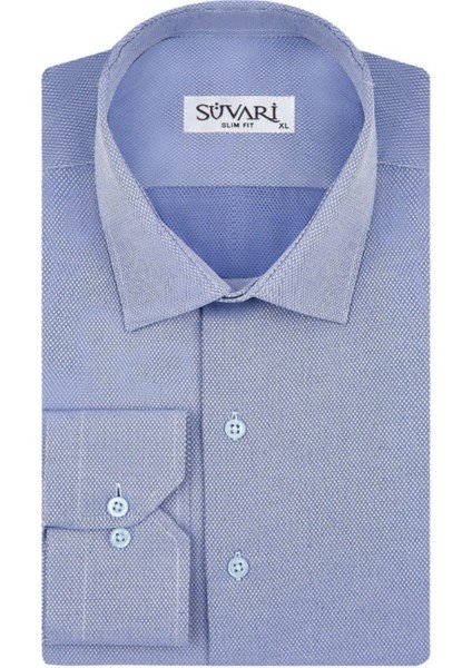 Dar Kalıp Armür Desenli Mavi Erkek Gömlek