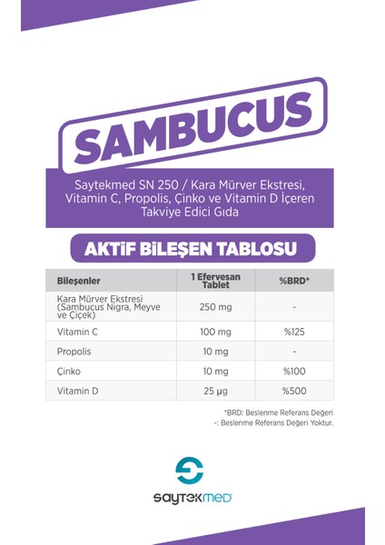 Sn 250 - Kara Mürver Ekstresi - Vitamin C - Propolis - Çinko ve Vitamin D İçeren Takviye Edici Gıda