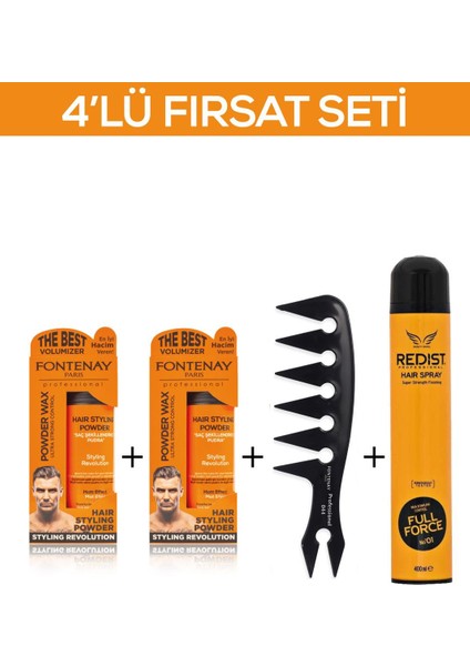 Saç Şekillendirici Pudra Toz Wax Ultra Strong + Şekil Tarak'ı + Saç Spreyi 400ML 2 4'lü Set