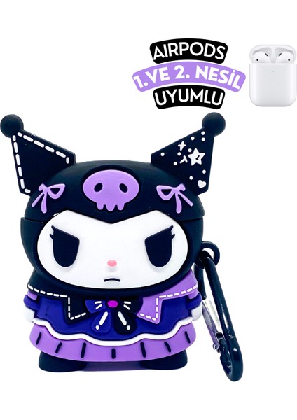 Airpods 1. ve 2. Nesil Uyumlu Sanrio Kuromi Figürlü Sevimli Koruyucu Silikon Kılıf