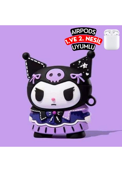 Airpods 1. ve 2. Nesil Uyumlu Sanrio Kuromi Figürlü Sevimli Koruyucu Silikon Kılıf modelleri