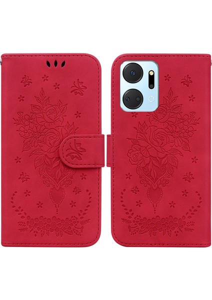 Onur Için X7A 5g Pu Deri Telefon Kılıfı Gül Kelebek Basılı Stand Flip Cüzdan Kapağı Kayış (Yurt Dışından)