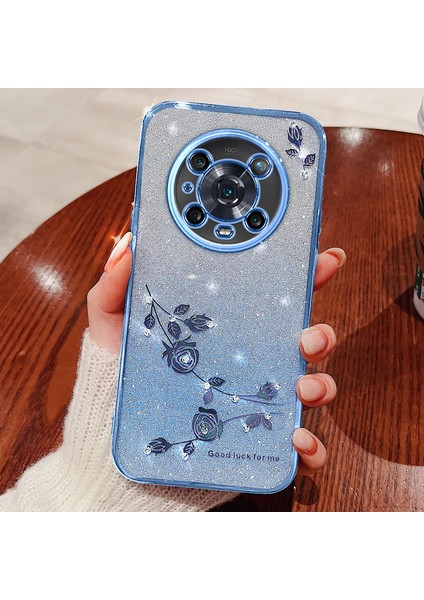 Honor Magic4 Pro 5g Gradyan Pırıltılı Toz Yumuşak Tpu Anti-Drop Kapak Rhinestone Dekor Çiçek Desen Koruyucu Kılıf (Yurt Dışından)