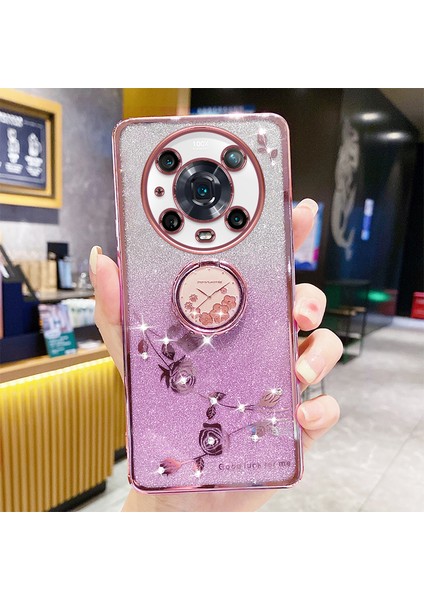 Çiçek Deseni Gradient Glitter Telefon Kapağı Honor Magic4 Pro 5g, Damla Geçirmez Rhinestone Dekor Yumuşak Tpu Akıllı Telefon Kılıfı ile Ring Kickstand (Yurt Dışından)