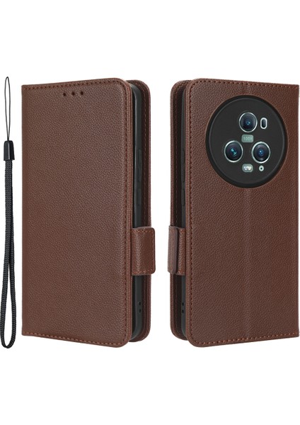 Honor Için Magic5 Pro Pu Deri Flip Folio Kasa Cüzdan Stand Litchi Doku Şok Geçirmez Telefon Kapağı (Yurt Dışından)