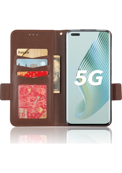 Honor Için Magic5 Pro Pu Deri Flip Folio Kasa Cüzdan Stand Litchi Doku Şok Geçirmez Telefon Kapağı (Yurt Dışından)