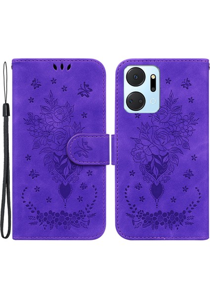 Onur Için X7A 5g Pu Deri Telefon Kılıfı Gül Kelebek Basılı Stand Flip Cüzdan Kapağı Kayış (Yurt Dışından)