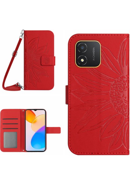 Onur Için X5 4g HT04 Ayçiçeği Desen Pu Deri Kapak Standı Cüzdan Telefon Kılıfı Omuz Kayışı (Yurt Dışından)