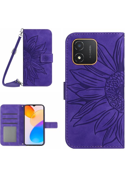 Onur Için X5 4g HT04 Ayçiçeği Desen Pu Deri Kapak Standı Cüzdan Telefon Kılıfı Omuz Kayışı (Yurt Dışından)