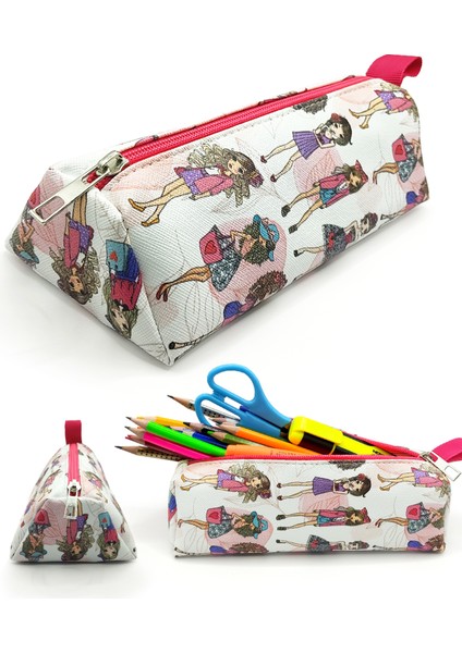 Makyaj Çantası Üçgen Model Kızlar Moda Fashion Desenli Vegan Jumbo Kalemlik fiyatları