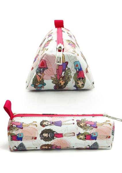 Makyaj Çantası Üçgen Model Kızlar Moda Fashion Desenli Vegan Jumbo Kalemlik