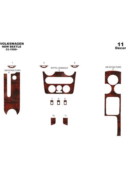 Meriç® Volkswagen New Beettle Ön Torpido Kaplama Maun 11 Parça 1998-2002