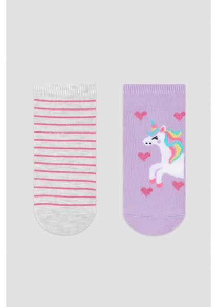 Kız Çocuk Lila Unicorn Kalp Desenli 2li Patik Çorap