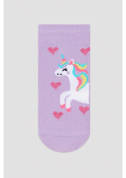 Kız Çocuk Lila Unicorn Kalp Desenli 2li Patik Çorap