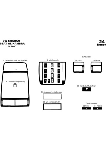Meriç® Volkswagen Sharan Ön Torpido Kaplama Maun 24 Parça 2000-2009