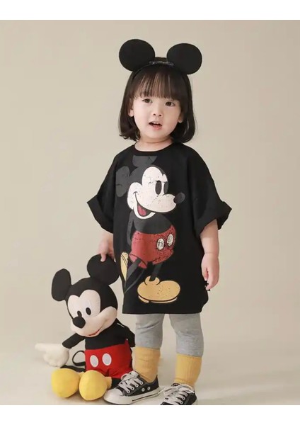 Özel Tasarım Bisiklet Yaka Mickey Mouse Baskılı %100 Pamuk Kız Çocuk T-Shırt