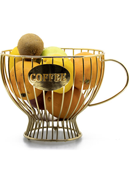 coffee Gold Fincan Dizayn Metal Meyvelik Sunum Sepeti Dekoratif  Mutfak Salon Oturma Odası