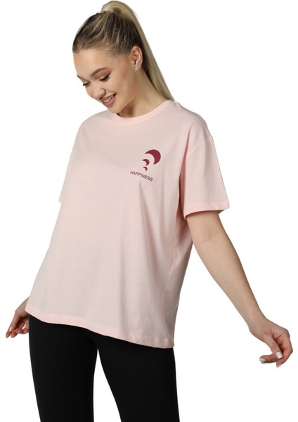 Kadın Ön ve Sırt Baskılı Kısa Kollu Bisiklet Yaka Oversıze Oversıze Tişört Pembe fiyatları