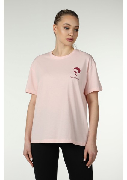 Kadın Ön ve Sırt Baskılı Kısa Kollu Bisiklet Yaka Oversıze Oversıze Tişört Pembe modelleri