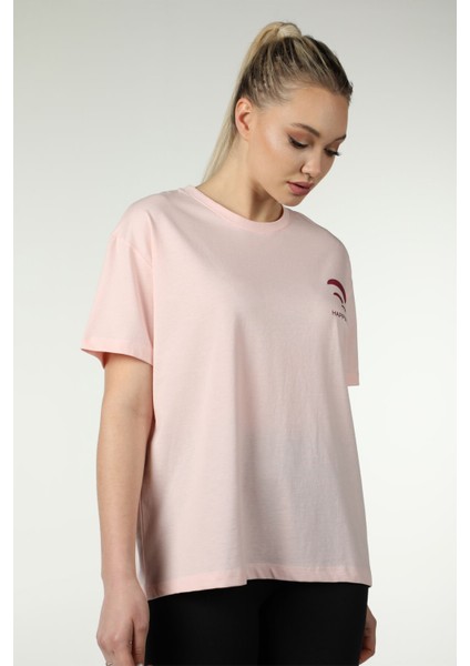 Kadın Ön ve Sırt Baskılı Kısa Kollu Bisiklet Yaka Oversıze Oversıze Tişört Pembe fırsatları