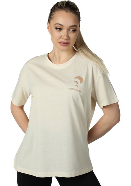 Kadın Ön ve Sırt Baskılı Kısa Kollu Bisiklet Yaka Oversıze Oversıze Tişört Bej