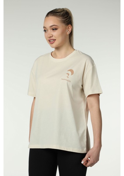Kadın Ön ve Sırt Baskılı Kısa Kollu Bisiklet Yaka Oversıze Oversıze Tişört Bej indirimleri