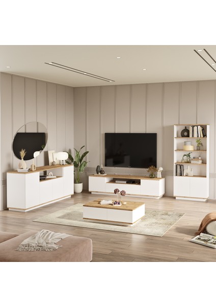 Robin Home Loft Tv Ünitesi Orta Sehpa Konsol Kitaplık 4'lü Set Çam-Beyaz