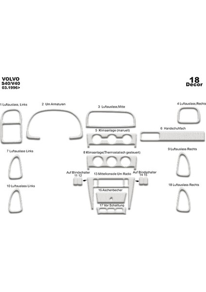 Meriç® Volvo S40 / V40 Ön Torpido Kaplama Maun 18 Parça 1996-2000