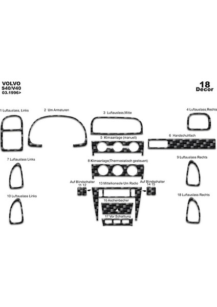 Meriç® Volvo S40 / V40 Ön Torpido Kaplama Maun 18 Parça 1996-2000