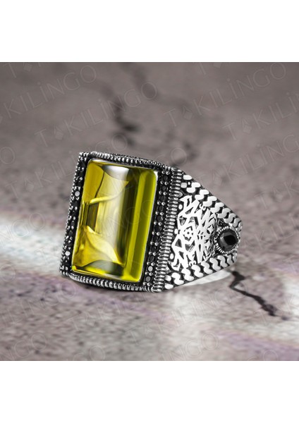 925 Ayar Gümüş Olivin ve Peridot Taşlı Çizgi Desenli Erkek Yüzük