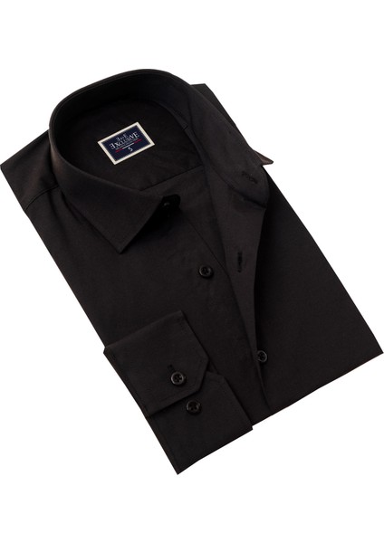 Siyah Düz Renk Sade Slim Fit Nefes Alan Yazlık Poplin Pamuk Gömlek