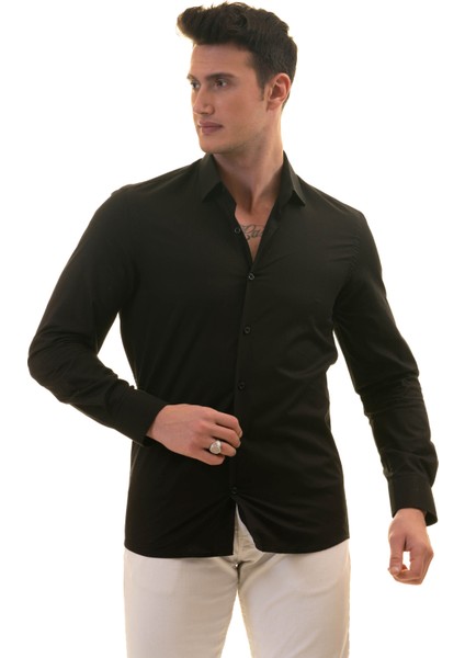 Siyah Düz Renk Sade Slim Fit Nefes Alan Yazlık Poplin Pamuk Gömlek