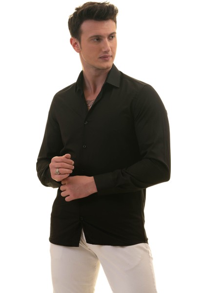 Siyah Düz Renk Sade Slim Fit Nefes Alan Yazlık Poplin Pamuk Gömlek