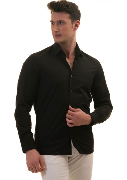 Siyah Düz Renk Sade Slim Fit Nefes Alan Yazlık Poplin Pamuk Gömlek