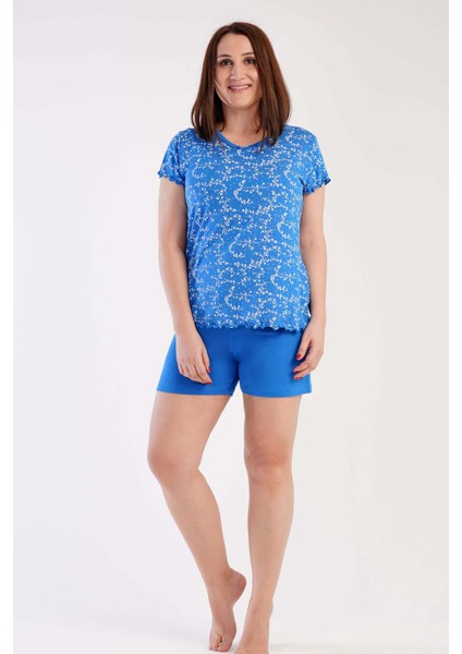 Kadın Vıscon Büyük Beden V Yaka Kısa Kol Şortlu Pijama Takım