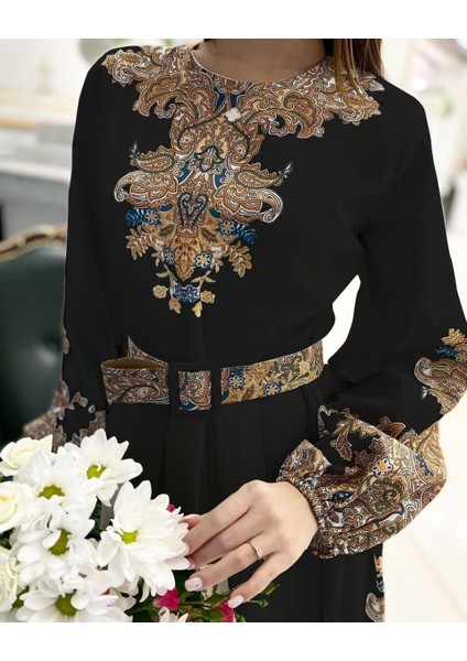 Atlas Kumaş Elbise (Kemer Dahildir) - Siyah