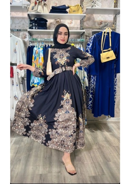 Atlas Kumaş Elbise (Kemer Dahildir) - Siyah modelleri