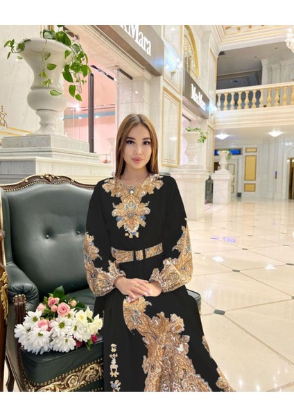 Atlas Kumaş Elbise (Kemer Dahildir) - Siyah fırsatları