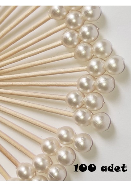 100 Adet Dekoratif Krem Çift Incili Kokteyl Kürdan 6 cm - Inci 8 mm