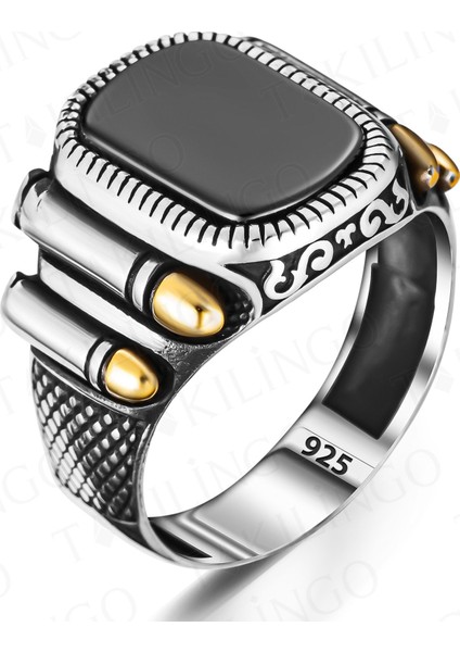 925 Ayar Gümüş Siyah Oniks Taşlı Mermi Desenli Erkek Yüzük fiyatları