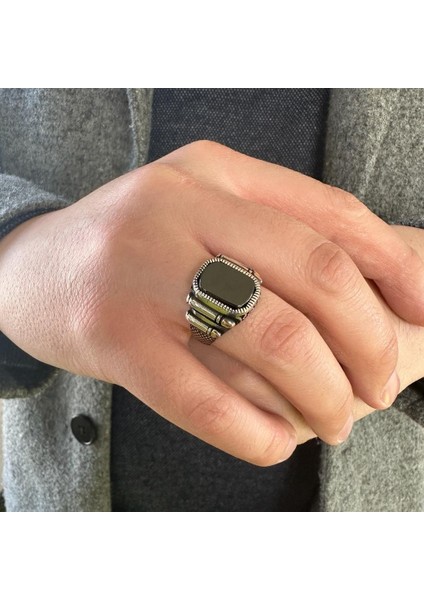 925 Ayar Gümüş Siyah Oniks Taşlı Mermi Desenli Erkek Yüzük modelleri