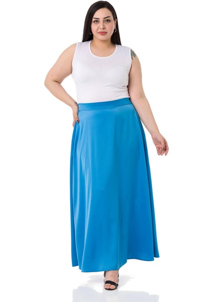 Büyük Beden Beli Arkadan Lastikli Kloş Saten Uzun Turkuaz Etek