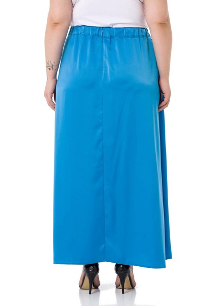 Büyük Beden Beli Arkadan Lastikli Kloş Saten Uzun Turkuaz Etek modelleri
