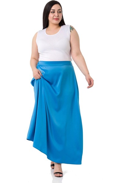 Büyük Beden Beli Arkadan Lastikli Kloş Saten Uzun Turkuaz Etek fırsatları