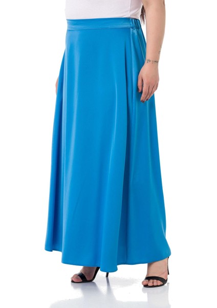Büyük Beden Beli Arkadan Lastikli Kloş Saten Uzun Turkuaz Etek indirimleri
