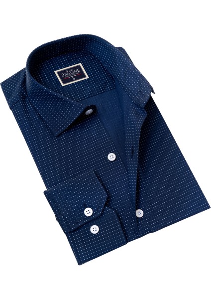 Lacivert Üzeri Beyaz Puantiye Baskılı Slim Fit Nefes Alan Yazlık Pamuk Gömlek