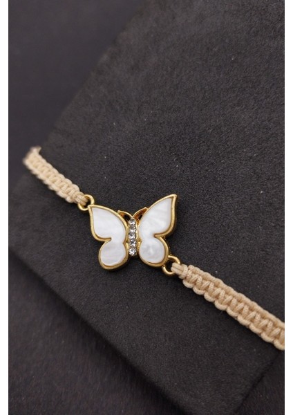 Bahar Kelebeği Temalı Bej El Örgüsü Makrome Bileklik